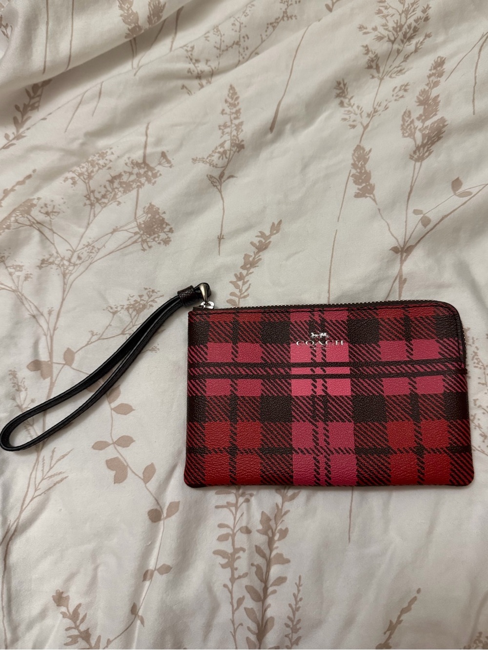 Coach Plaid Wristlet Pouch - Red Pink Black